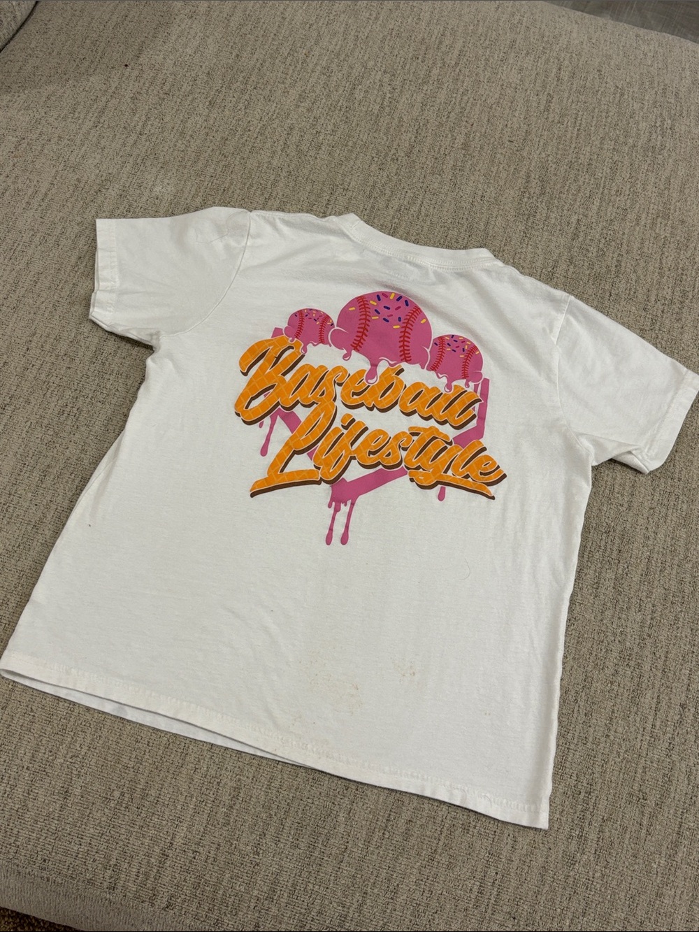 White baseball lifestyle Kids Graphic Tee with Pink Accent
